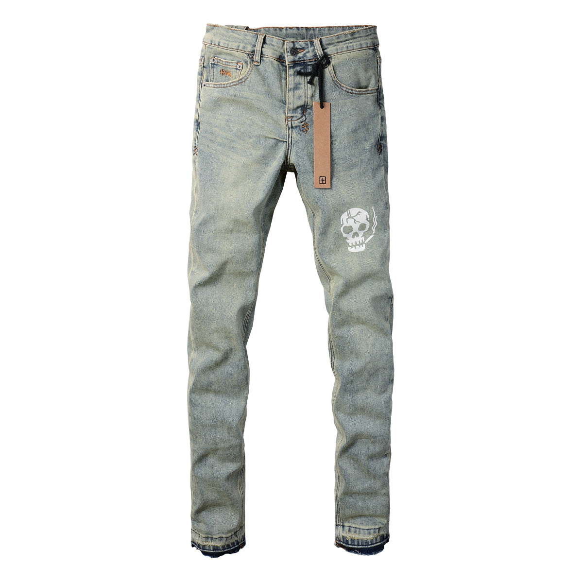 Modern Light Blue Denim with Artistic Smoking Skull Detail 3028