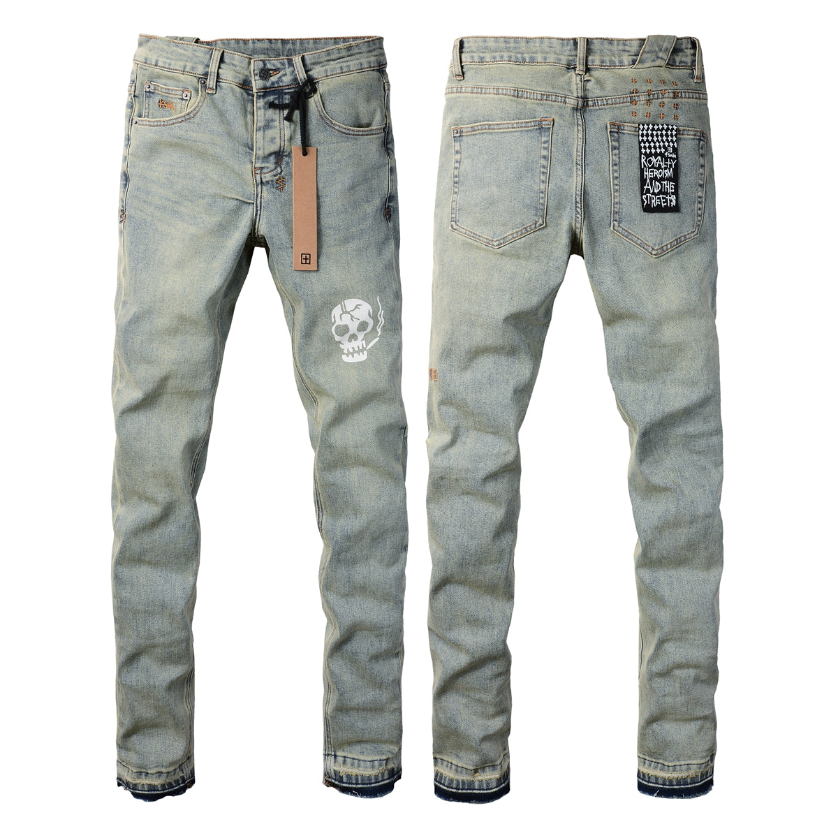 Modern Light Blue Denim with Artistic Smoking Skull Detail 3028