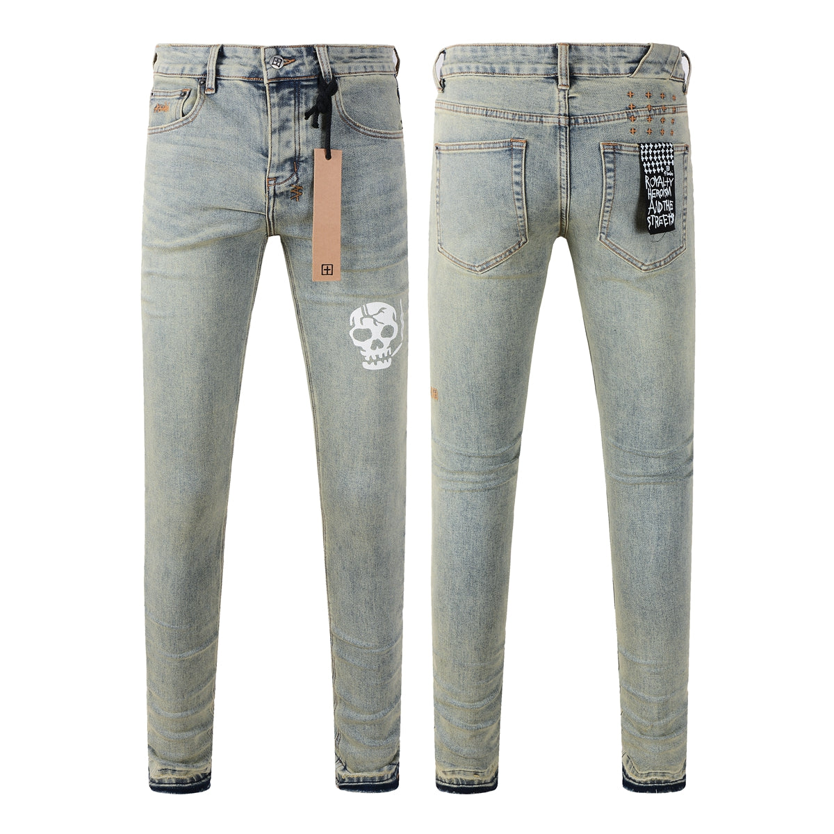 Modern Light Blue Denim with Artistic Smoking Skull Detail 3028