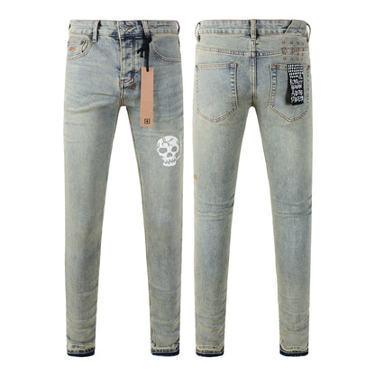 Modern Light Blue Denim with Artistic Smoking Skull Detail 3028
