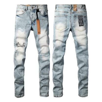 Men Streetwear Jeans Light Blue Washed with Embroidered Lettering Distressed Details and Graphic Patch 3030