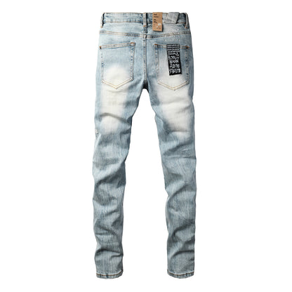 Men Streetwear Jeans Light Blue Washed with Embroidered Lettering Distressed Details and Graphic Patch 3030
