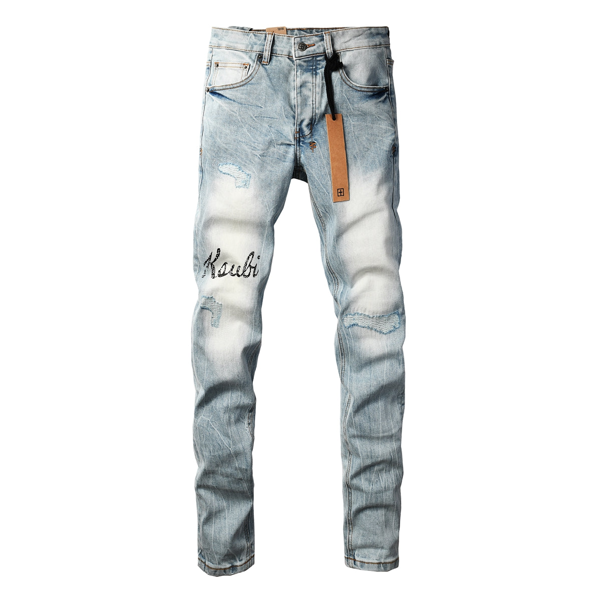 Men Streetwear Jeans Light Blue Washed with Embroidered Lettering Distressed Details and Graphic Patch 3030
