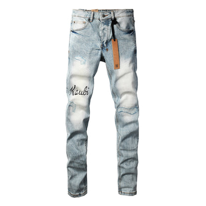 Men Streetwear Jeans Light Blue Washed with Embroidered Lettering Distressed Details and Graphic Patch 3030