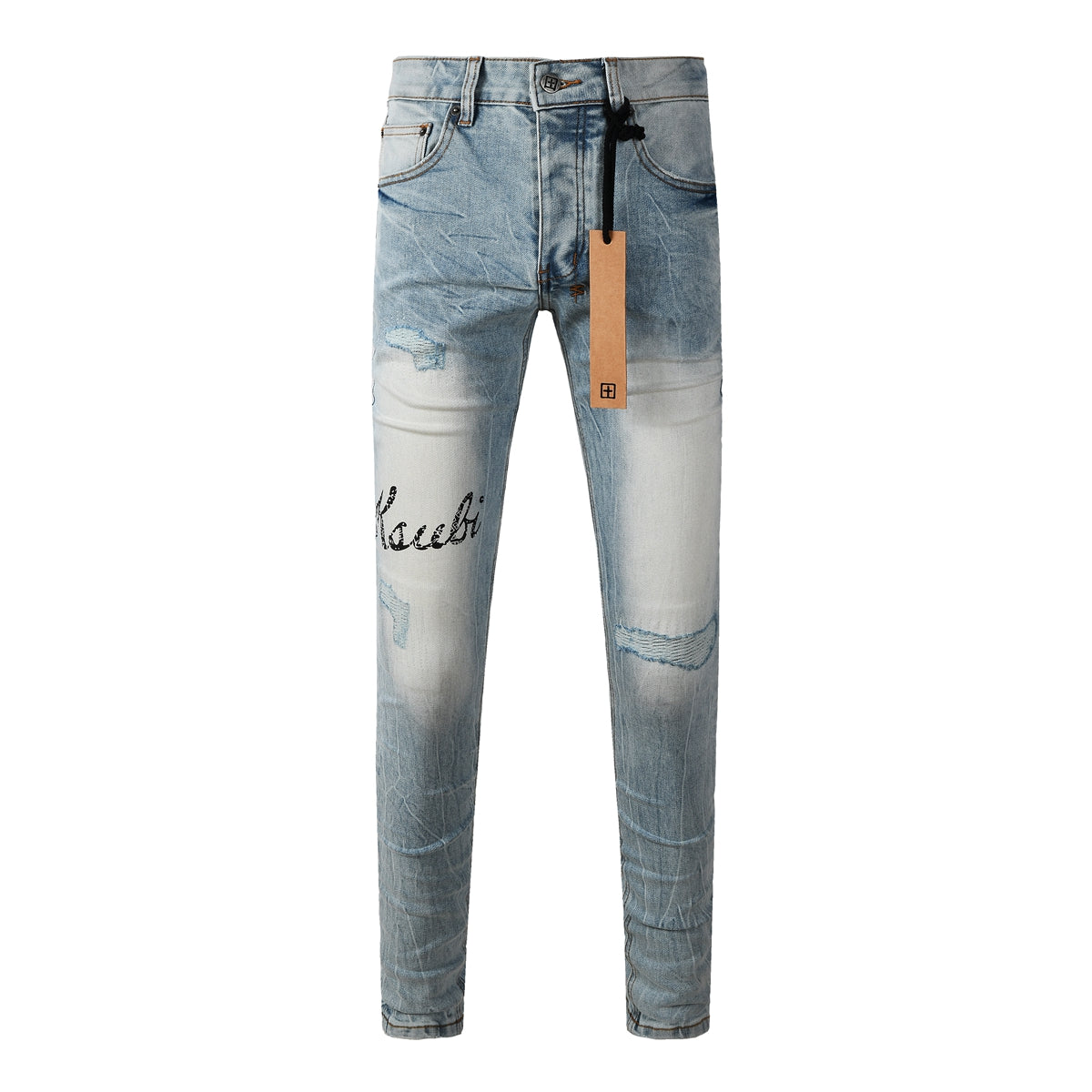 Men Streetwear Jeans Light Blue Washed with Embroidered Lettering Distressed Details and Graphic Patch 3030