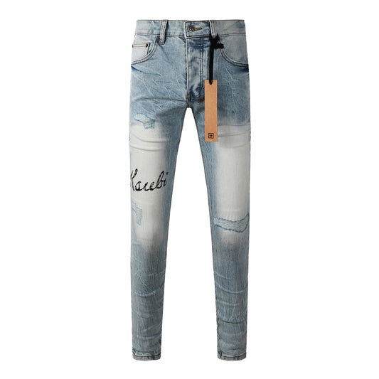 Men Streetwear Jeans Light Blue Washed with Embroidered Lettering Distressed Details and Graphic Patch 3030