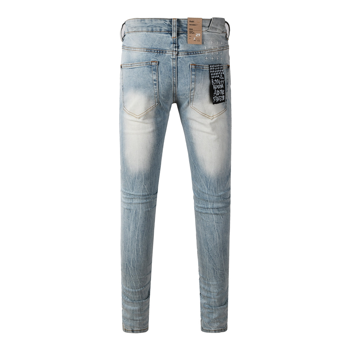 Men Streetwear Jeans Light Blue Washed with Embroidered Lettering Distressed Details and Graphic Patch 3030