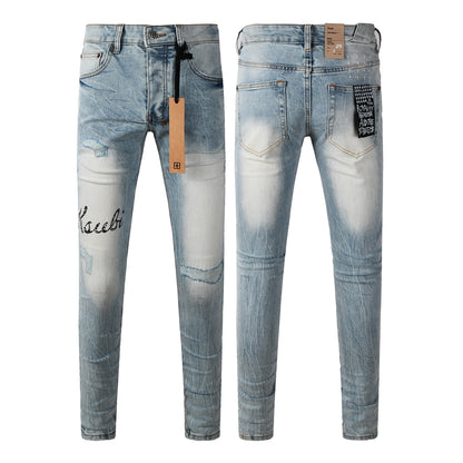 Men Streetwear Jeans Light Blue Washed with Embroidered Lettering Distressed Details and Graphic Patch 3030
