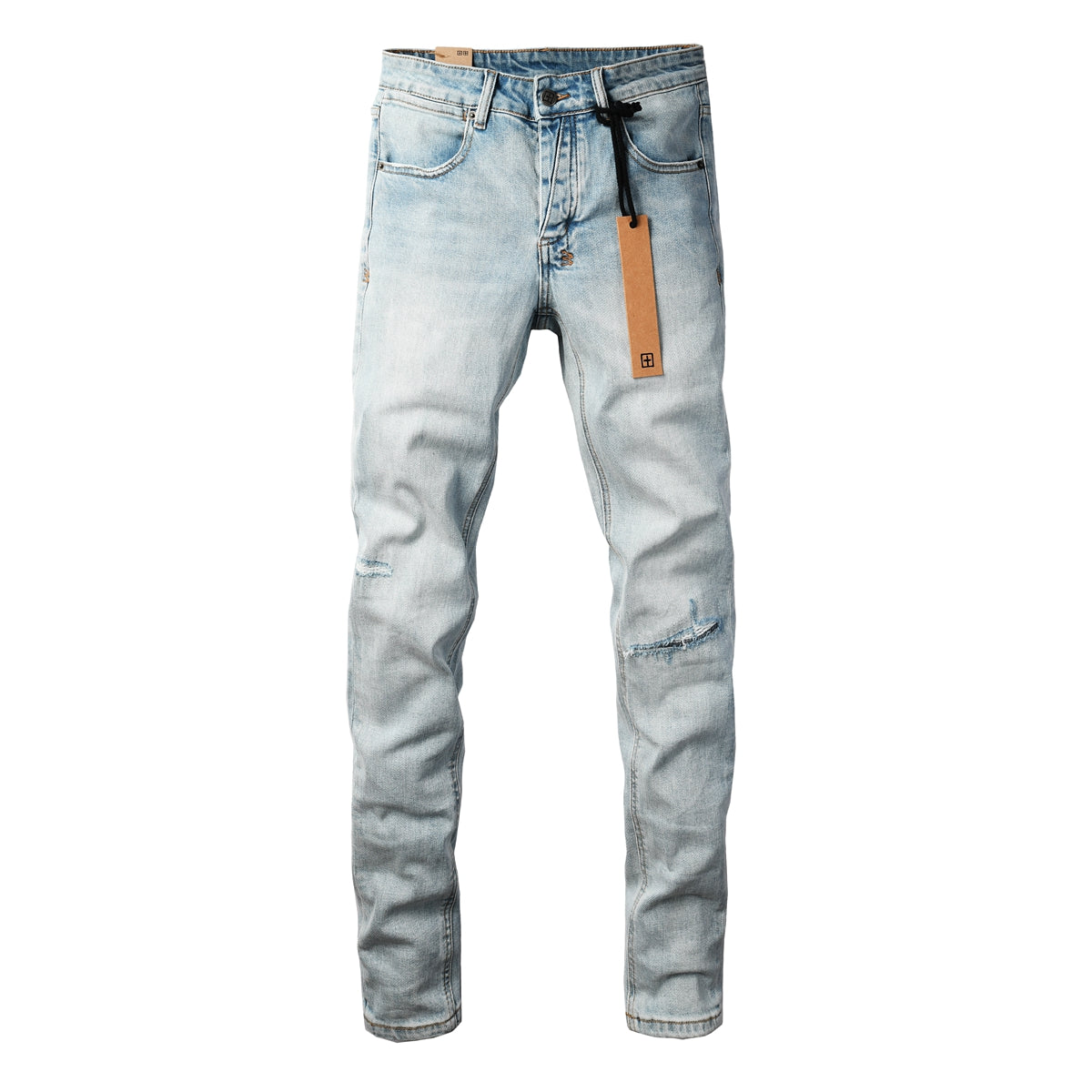 Men Streetwear Jeans Light Blue Washed with Minimal Distressed Details and Graphic Patch 3031