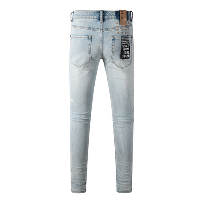 Men Streetwear Jeans Light Blue Washed with Minimal Distressed Details and Graphic Patch 3031