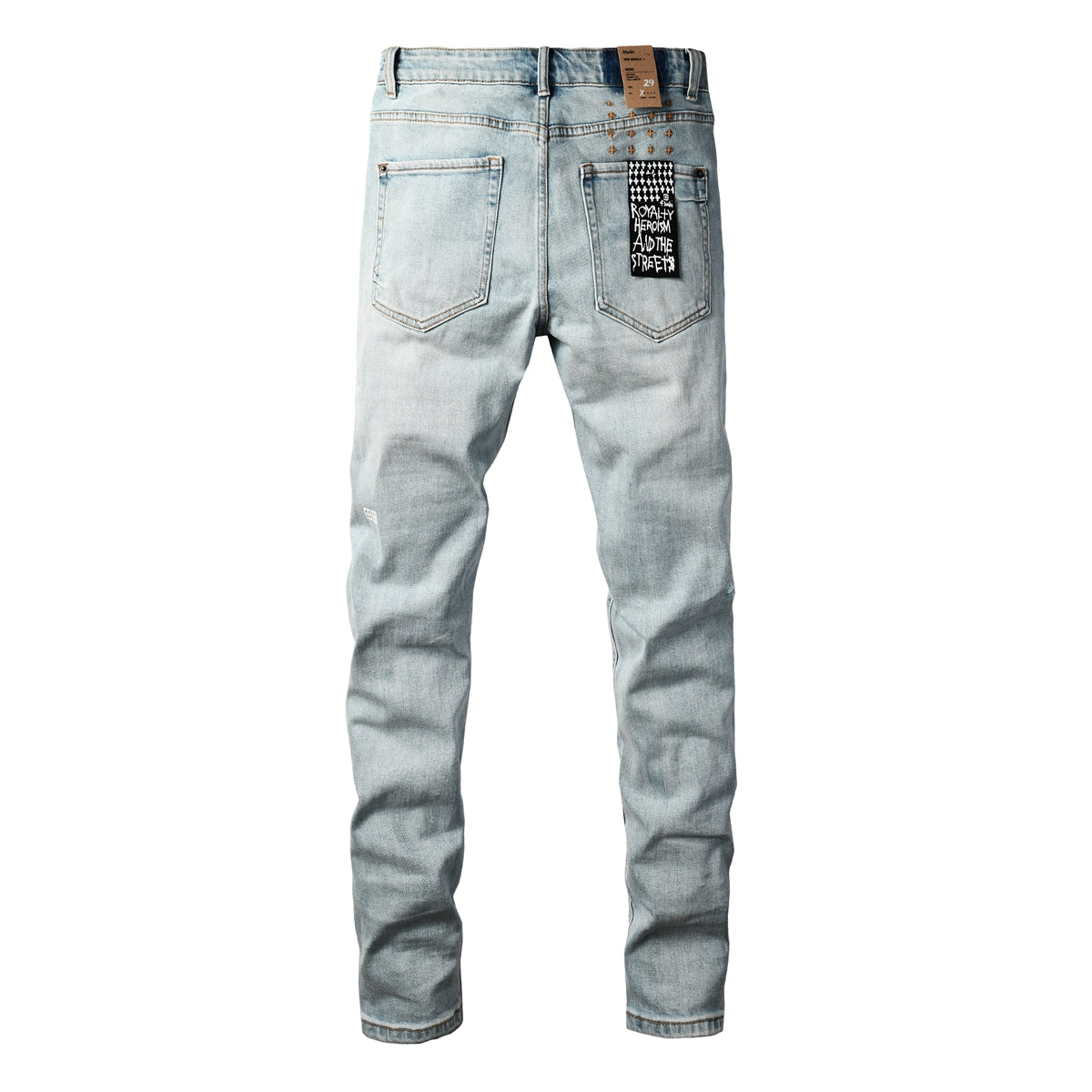 Men Streetwear Jeans Light Blue Washed with Minimal Distressed Details and Graphic Patch 3031