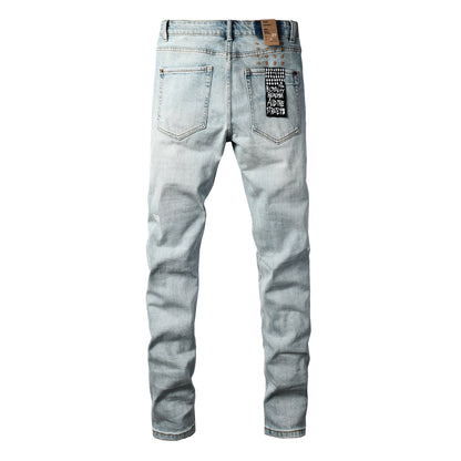 Men Streetwear Jeans Light Blue Washed with Minimal Distressed Details and Graphic Patch 3031