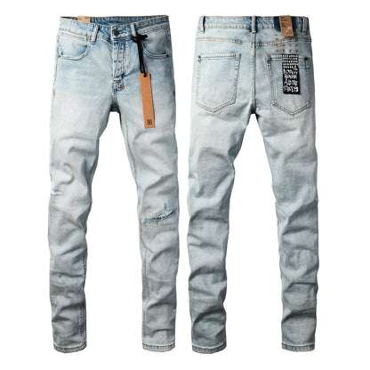Men Streetwear Jeans Light Blue Washed with Minimal Distressed Details and Graphic Patch 3031