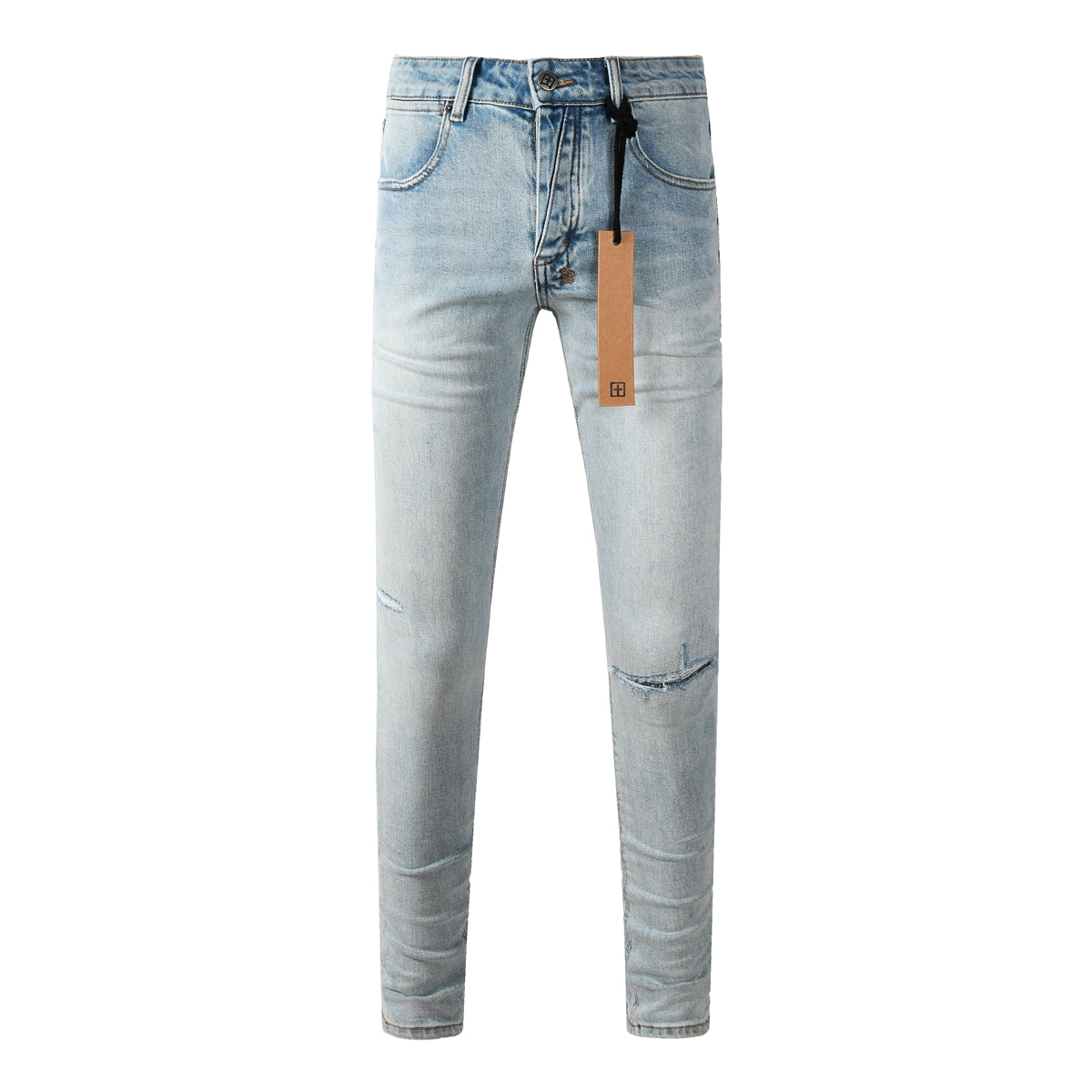Men Streetwear Jeans Light Blue Washed with Minimal Distressed Details and Graphic Patch 3031