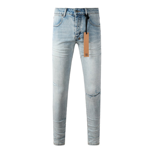 Men Streetwear Jeans Light Blue Washed with Minimal Distressed Details and Graphic Patch 3031