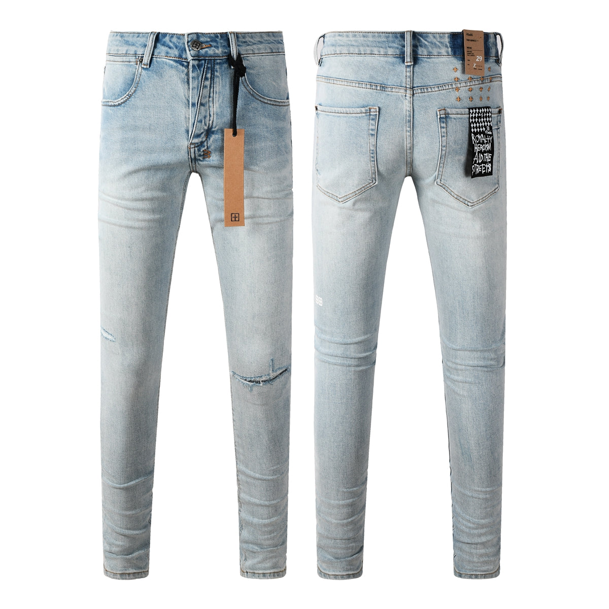 Men Streetwear Jeans Light Blue Washed with Minimal Distressed Details and Graphic Patch 3031
