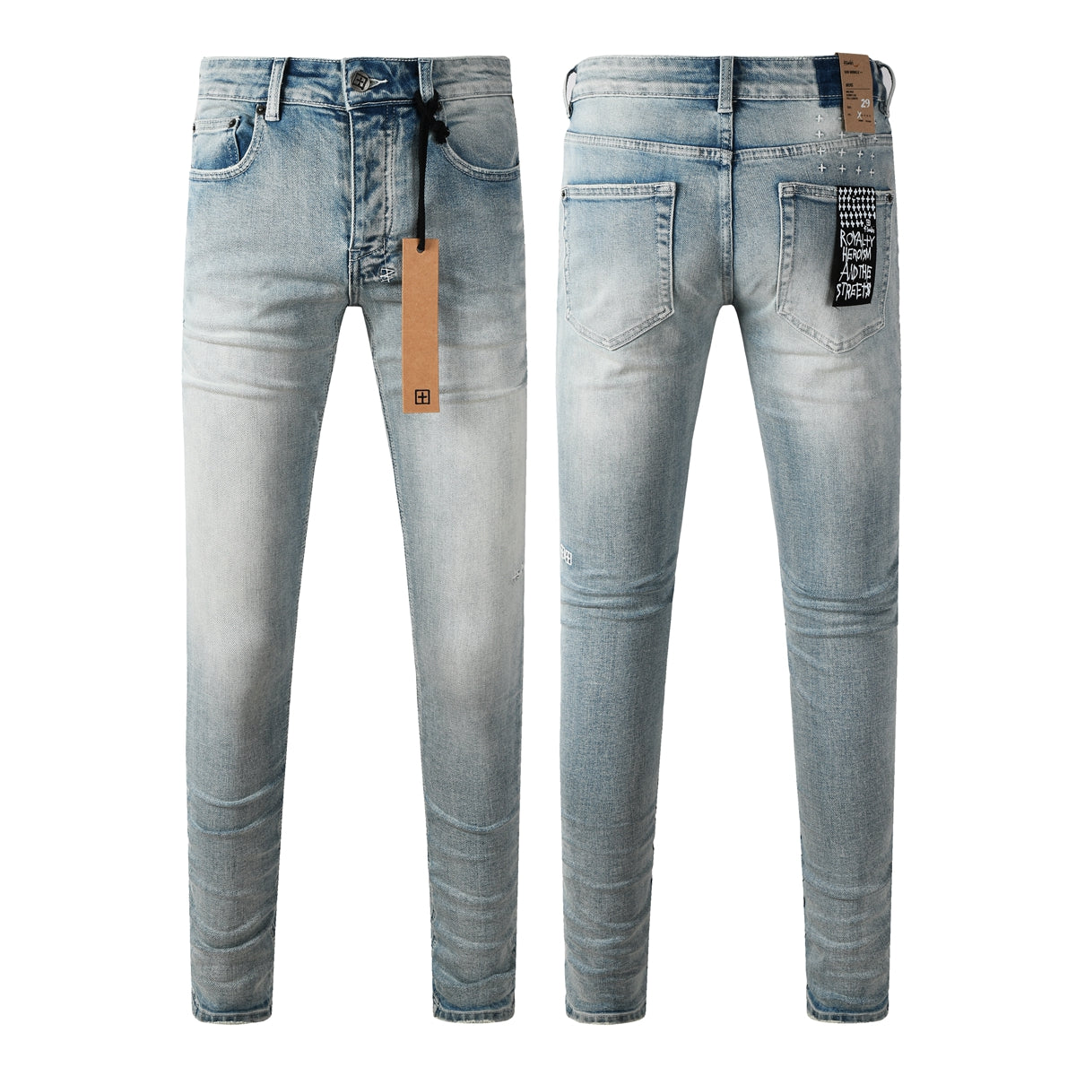Men Streetwear Jeans Light Blue Washed with Clean Look and Graphic Back Pocket Patch 3032