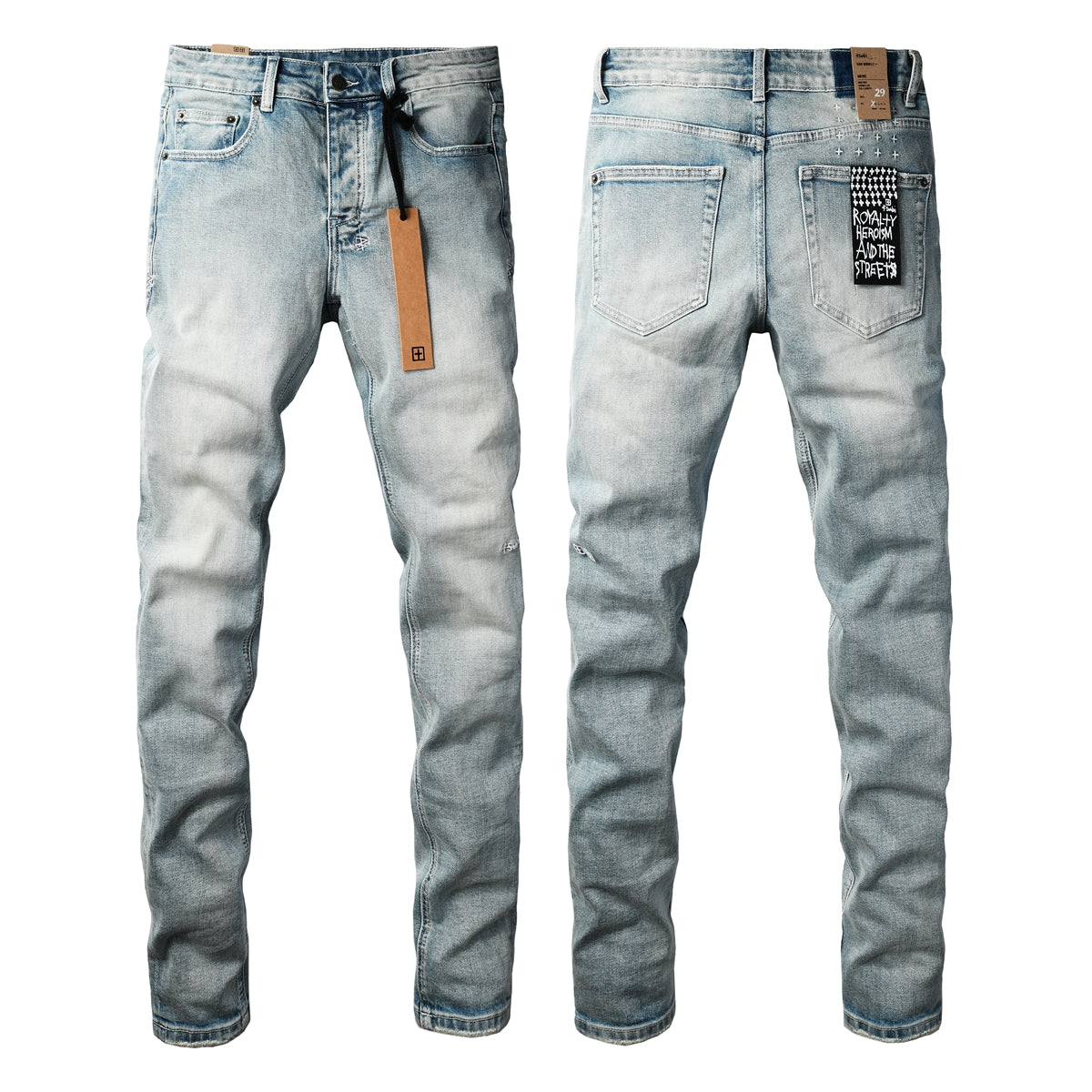 Men Streetwear Jeans Light Blue Washed with Clean Look and Graphic Back Pocket Patch 3032