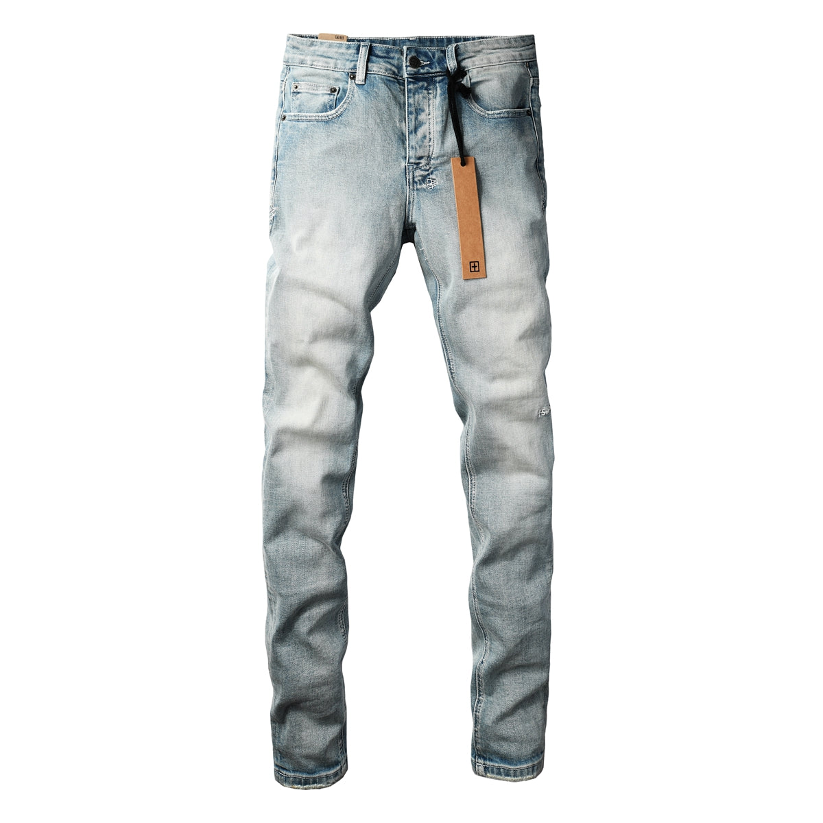 Men Streetwear Jeans Light Blue Washed with Clean Look and Graphic Back Pocket Patch 3032