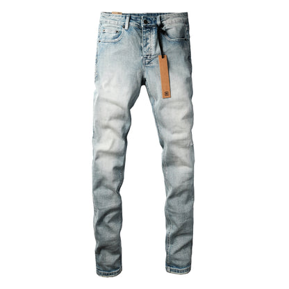 Men Streetwear Jeans Light Blue Washed with Clean Look and Graphic Back Pocket Patch 3032
