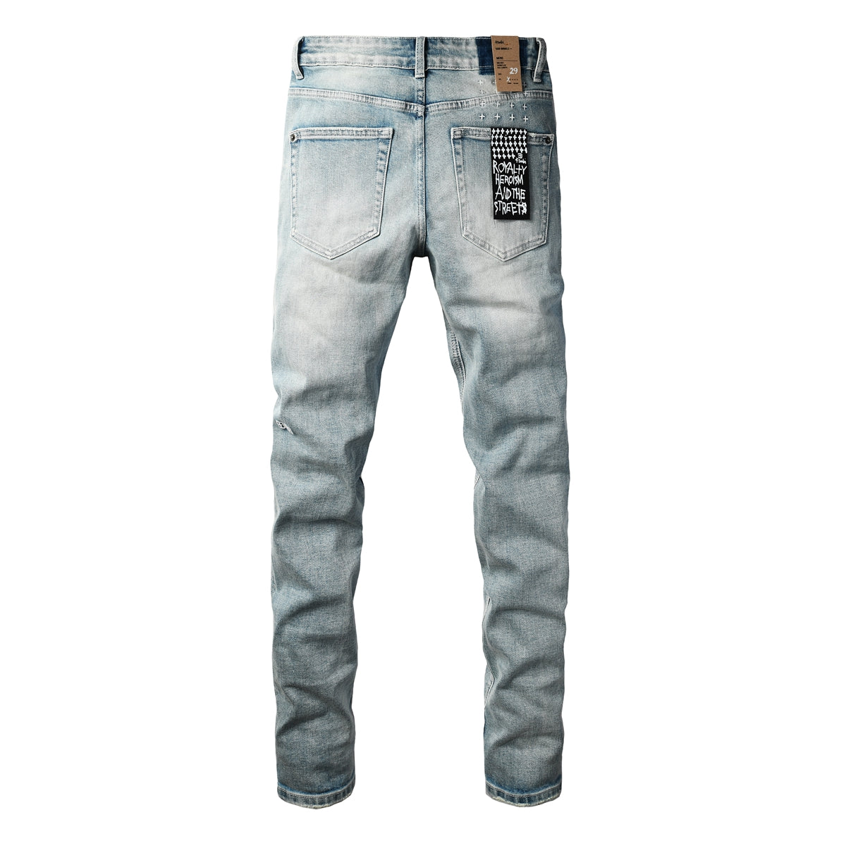 Men Streetwear Jeans Light Blue Washed with Clean Look and Graphic Back Pocket Patch 3032