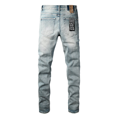 Men Streetwear Jeans Light Blue Washed with Clean Look and Graphic Back Pocket Patch 3032