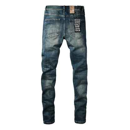 Men Streetwear Jeans Vintage Blue Washed with Clean Look and Graphic Back Pocket Patch 3033