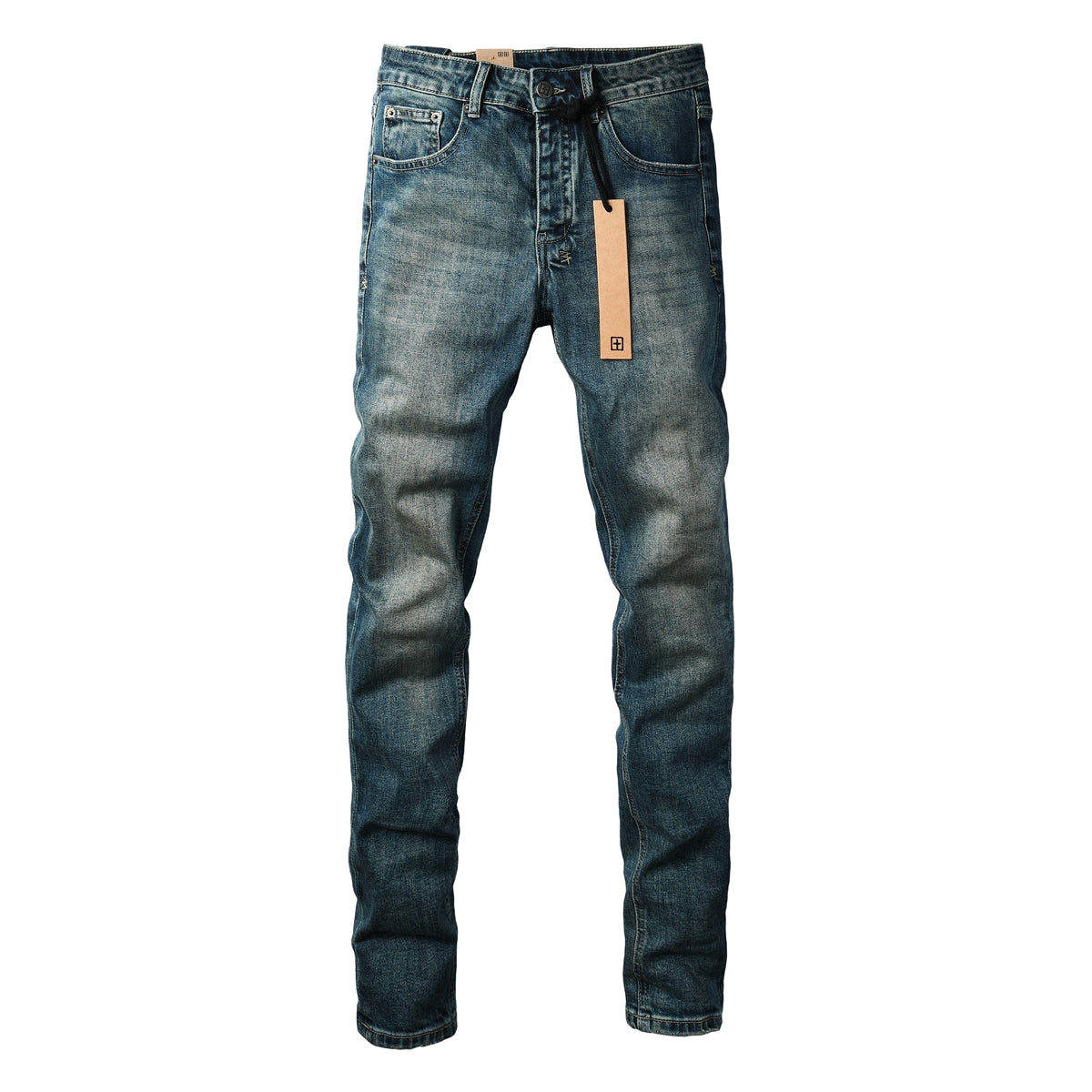 Men Streetwear Jeans Vintage Blue Washed with Clean Look and Graphic Back Pocket Patch 3033