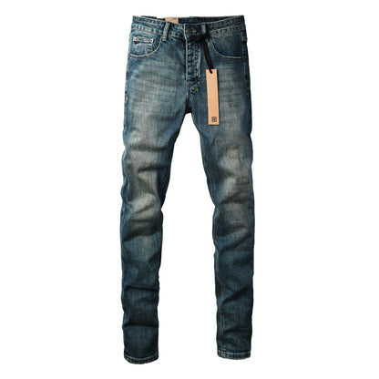 Men Streetwear Jeans Vintage Blue Washed with Clean Look and Graphic Back Pocket Patch 3033