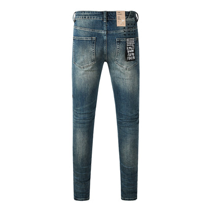 Men Streetwear Jeans Vintage Blue Washed with Clean Look and Graphic Back Pocket Patch 3033