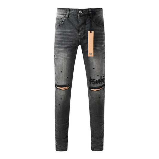 Men Streetwear Jeans Washed Black with Ripped Knees Paint Splatter and Graphic Patch 3034