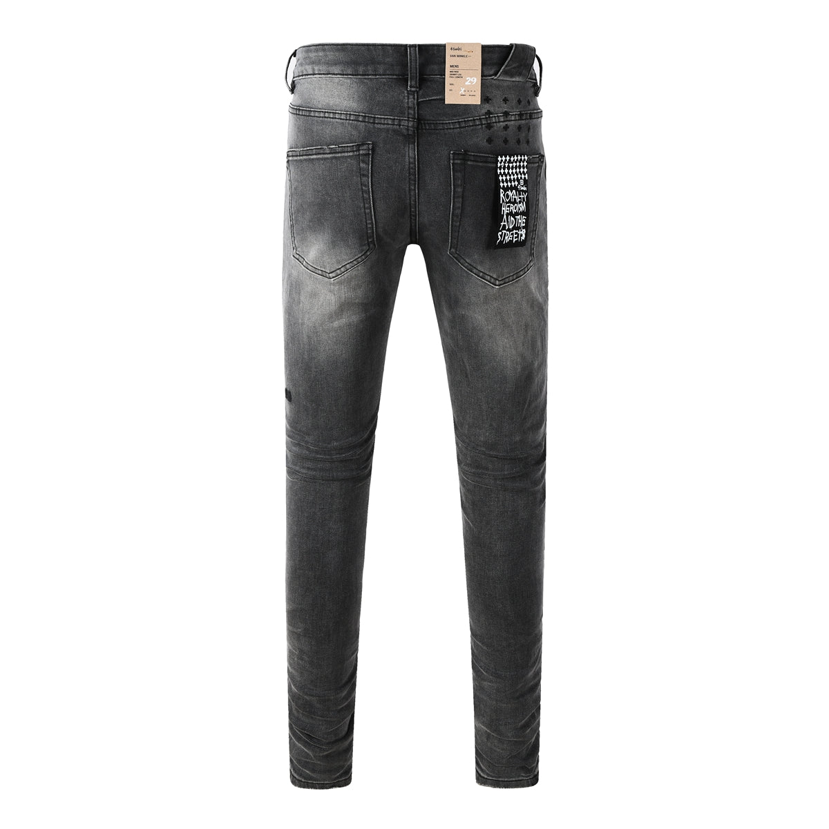 Men Streetwear Jeans Washed Black with Ripped Knees Paint Splatter and Graphic Patch 3034