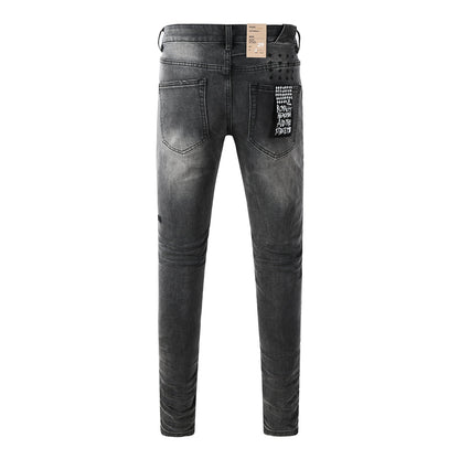 Men Streetwear Jeans Washed Black with Ripped Knees Paint Splatter and Graphic Patch 3034