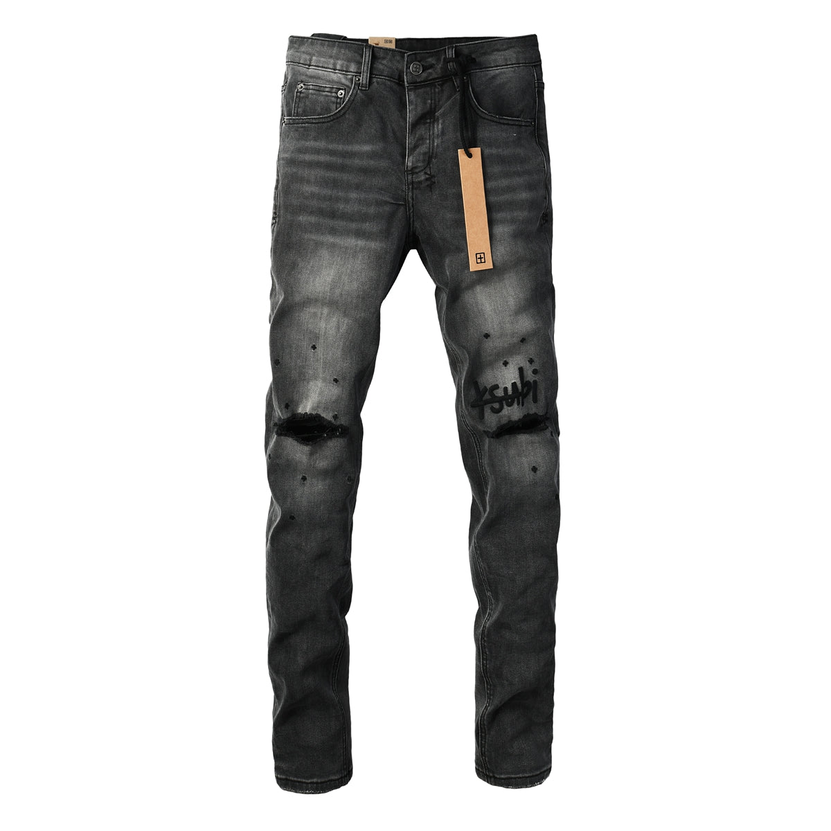 Men Streetwear Jeans Washed Black with Ripped Knees Paint Splatter and Graphic Patch 3034