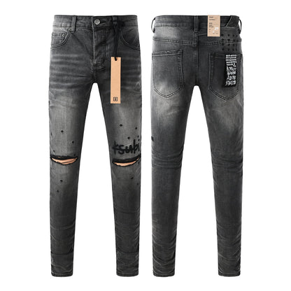 Men Streetwear Jeans Washed Black with Ripped Knees Paint Splatter and Graphic Patch 3034