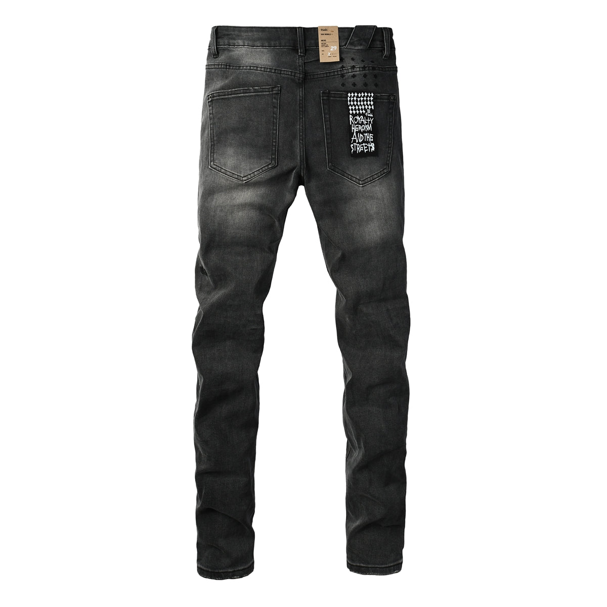 Men Streetwear Jeans Washed Black with Ripped Knees Paint Splatter and Graphic Patch 3034