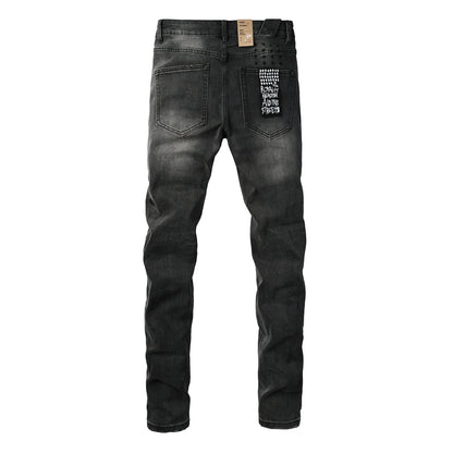 Men Streetwear Jeans Washed Black with Ripped Knees Paint Splatter and Graphic Patch 3034