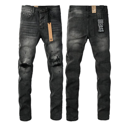 Men Streetwear Jeans Washed Black with Ripped Knees Paint Splatter and Graphic Patch 3034