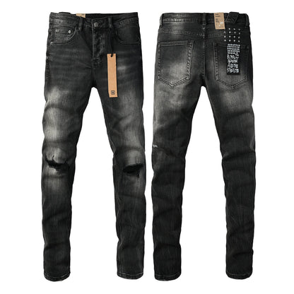 Edgy Streetwear Men’s Black Ripped Jeans with Graphic Back Print and Natural Fade Effect for Everyday Looks 3035