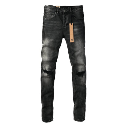 Edgy Streetwear Men’s Black Ripped Jeans with Graphic Back Print and Natural Fade Effect for Everyday Looks 3035