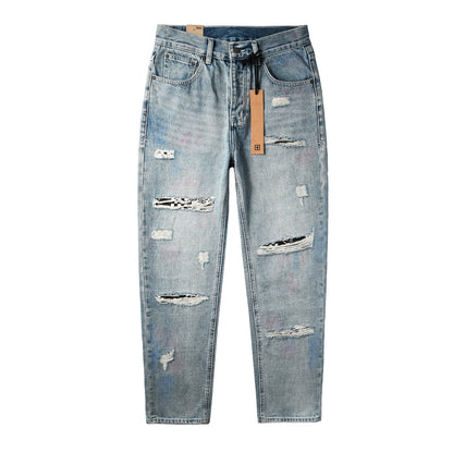 Men Streetwear Jeans Light Blue Washed with Graffiti Paint Checker Patchwork and Distressed Details 3038
