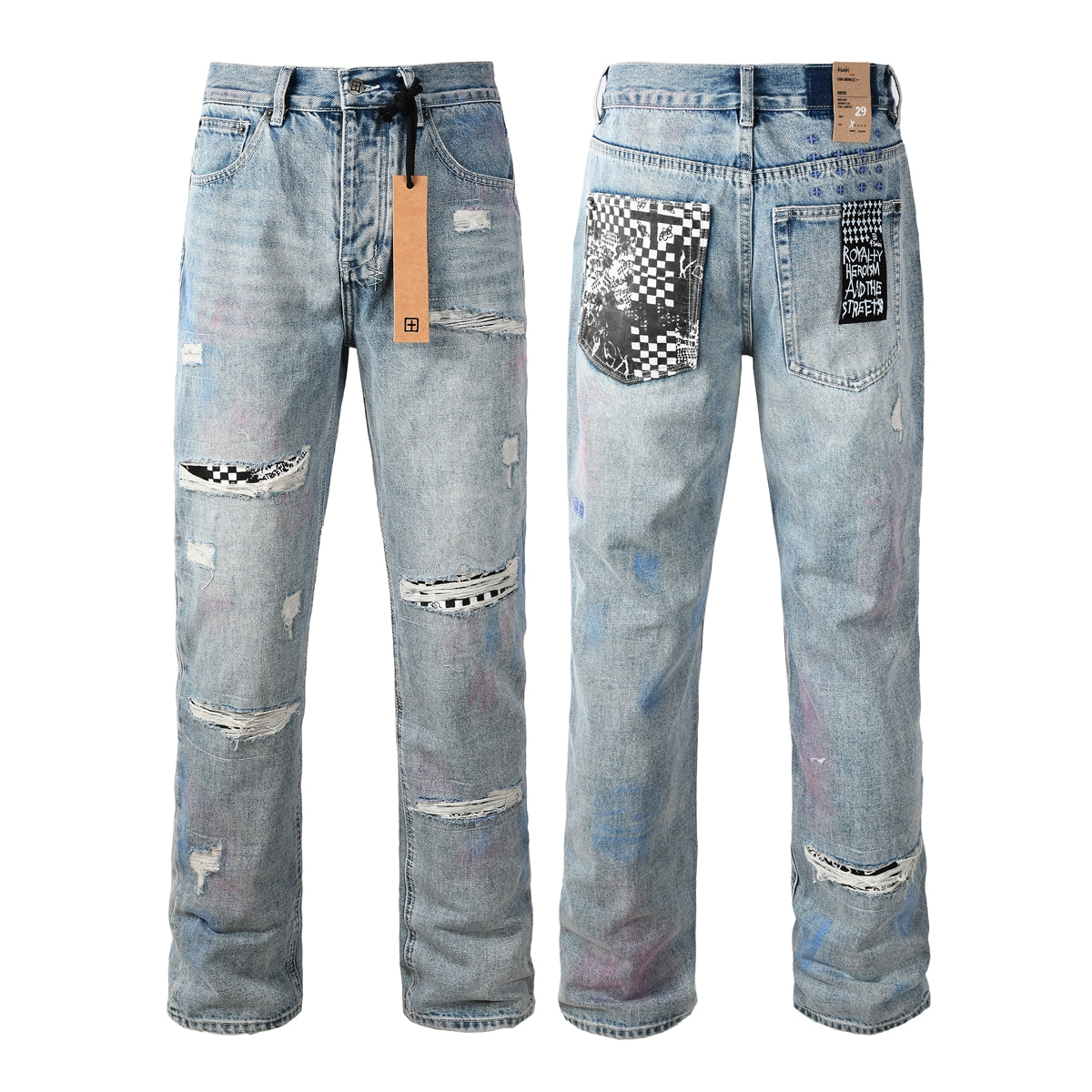 Men Streetwear Jeans Light Blue Washed with Graffiti Paint Checker Patchwork and Distressed Details 3038