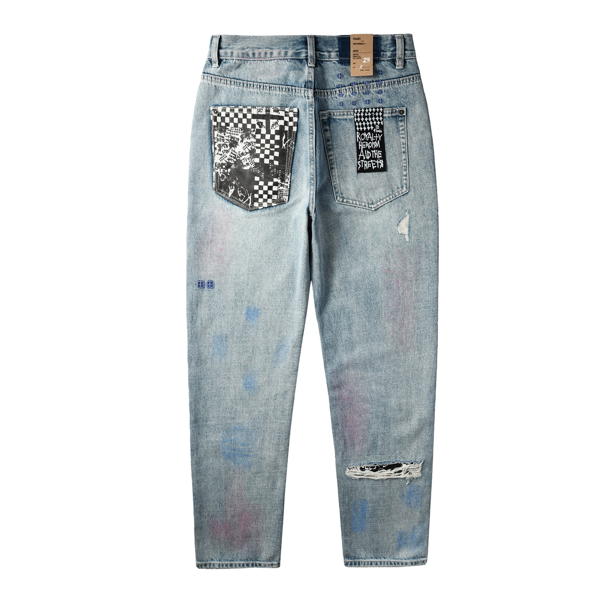Men Streetwear Jeans Light Blue Washed with Graffiti Paint Checker Patchwork and Distressed Details 3038