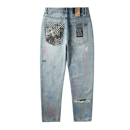 Men Streetwear Jeans Light Blue Washed with Graffiti Paint Checker Patchwork and Distressed Details 3038