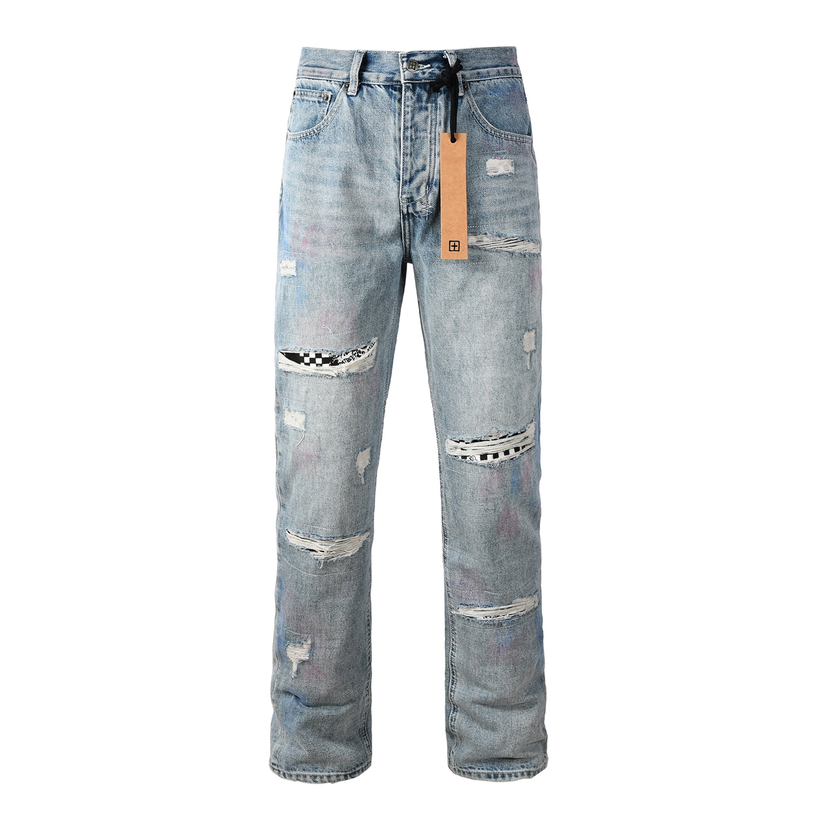 Men Streetwear Jeans Light Blue Washed with Graffiti Paint Checker Patchwork and Distressed Details 3038