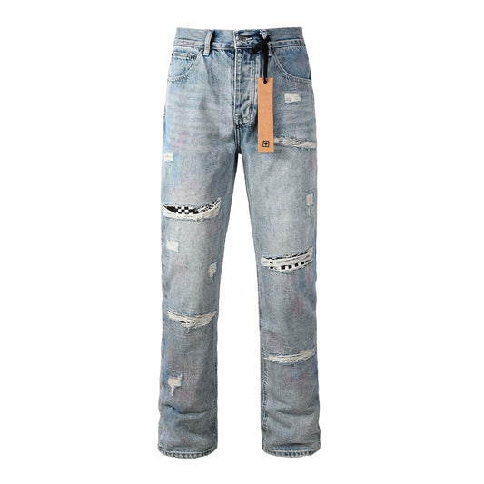 Men Streetwear Jeans Light Blue Washed with Graffiti Paint Checker Patchwork and Distressed Details 3038