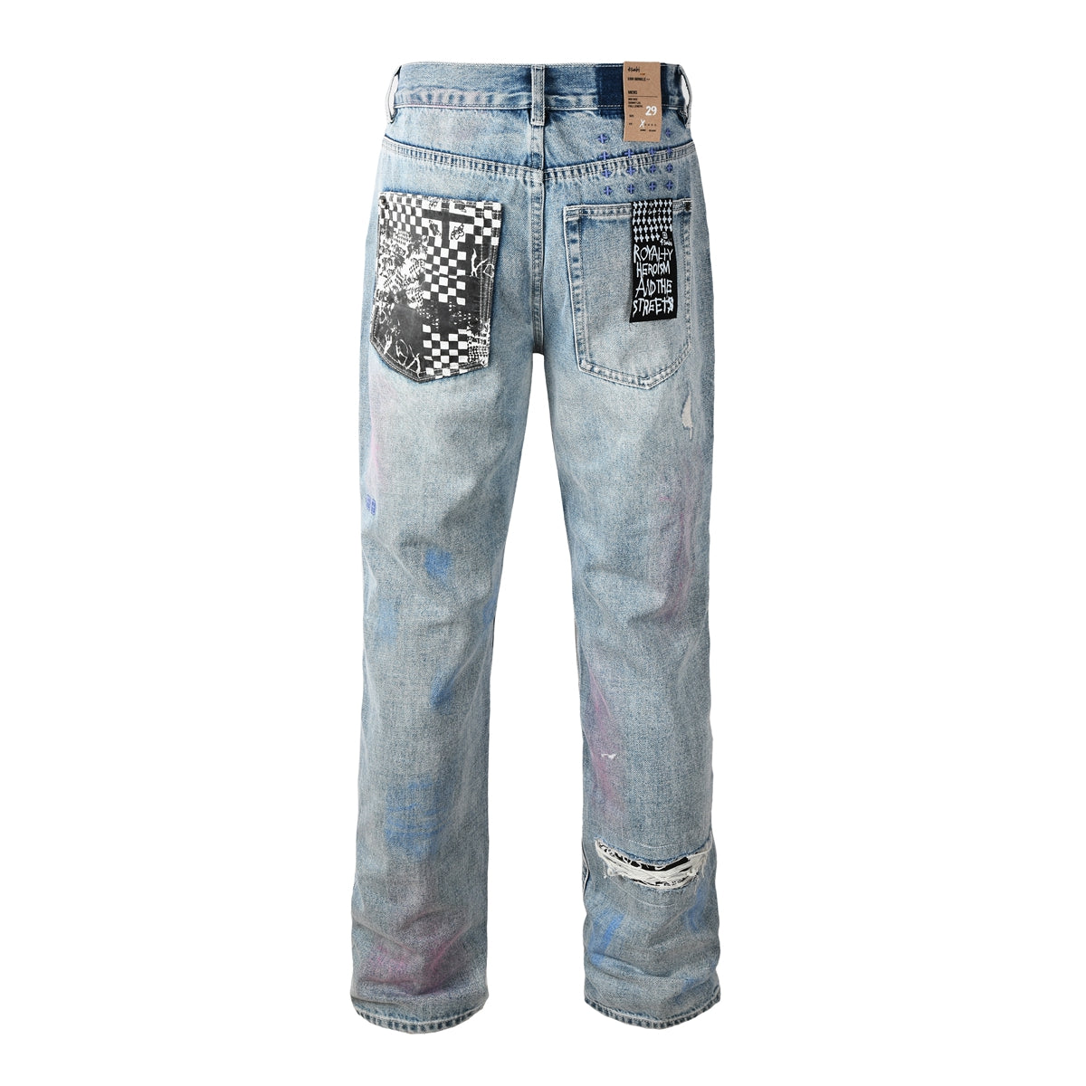 Men Streetwear Jeans Light Blue Washed with Graffiti Paint Checker Patchwork and Distressed Details 3038