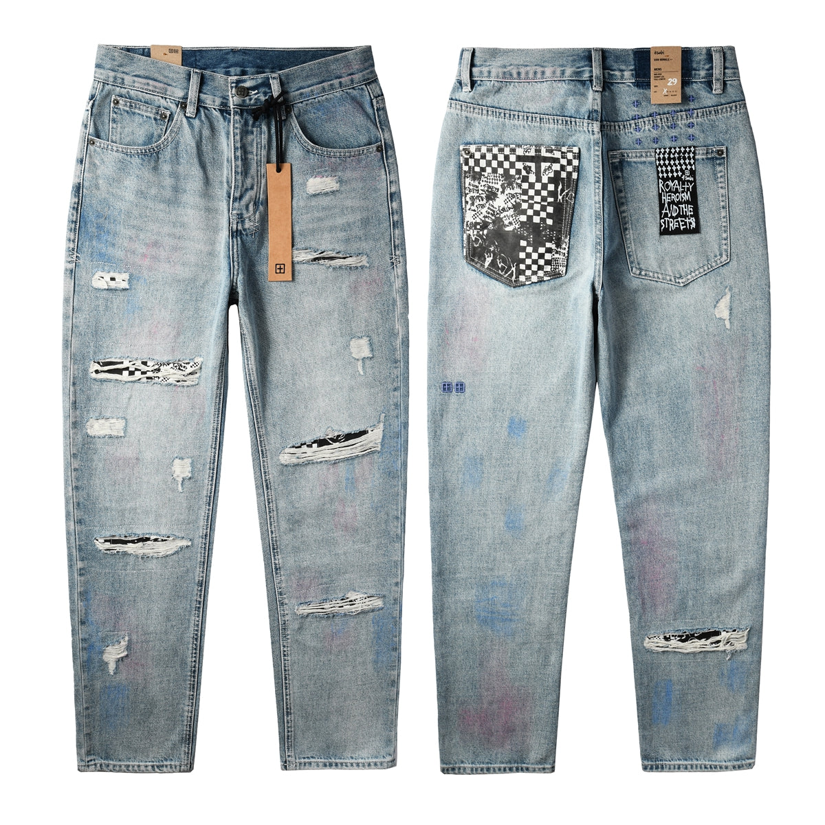 Men Streetwear Jeans Light Blue Washed with Graffiti Paint Checker Patchwork and Distressed Details 3038