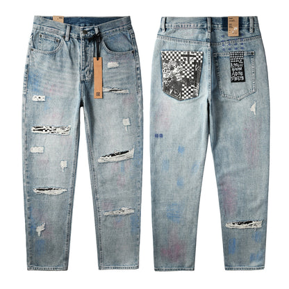 Men Streetwear Jeans Light Blue Washed with Graffiti Paint Checker Patchwork and Distressed Details 3038