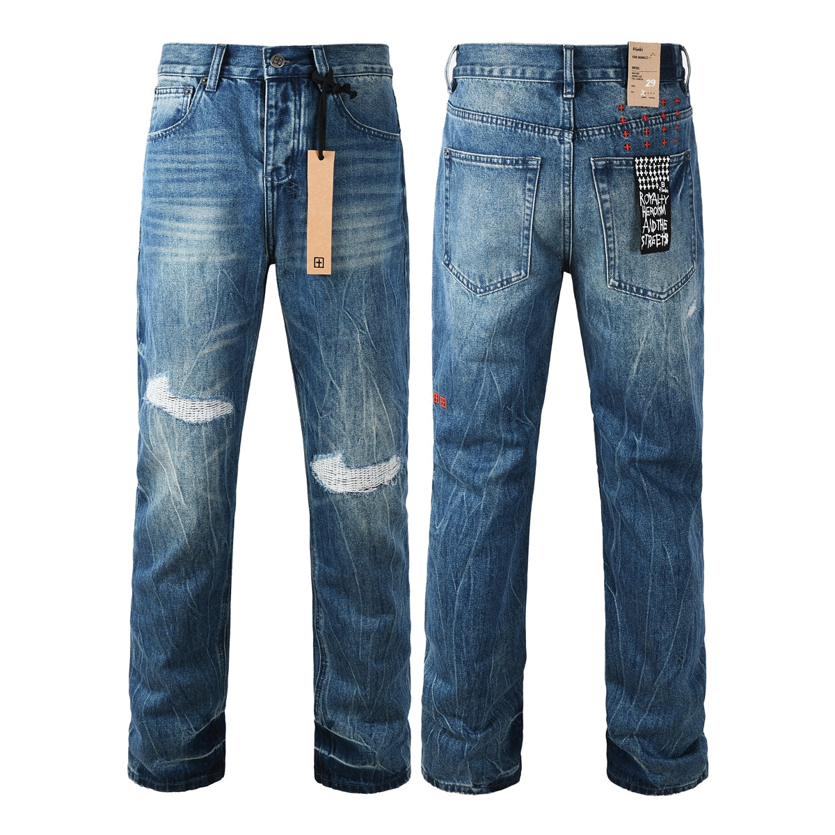 Men Streetwear Jeans Vintage Blue Washed with Knee Repair Details and Graphic Back Pocket Patch 3039